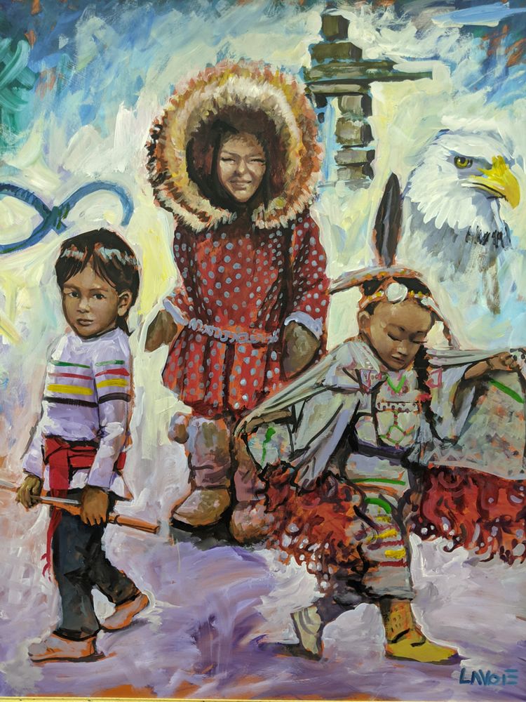 Painting of three Indigenous children in traditional dress, with an eagle, inukshuk, and Métis infinity symbol
